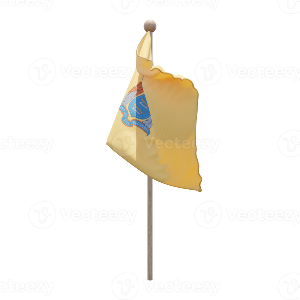 New Jersey 3d illustration flag on pole. Wood flagpole png