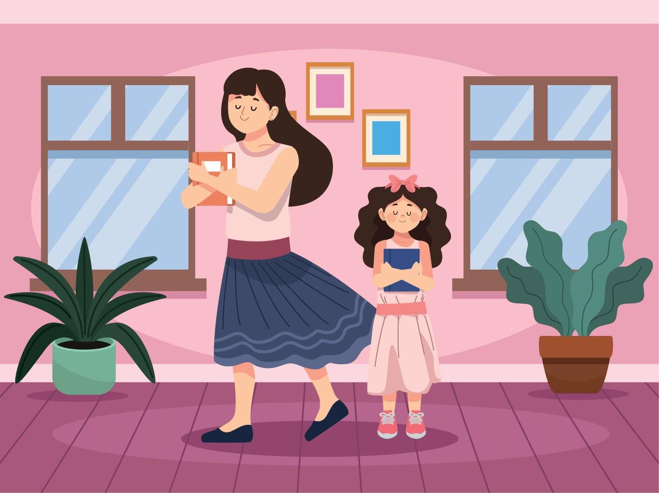 mom and girl with books vector
