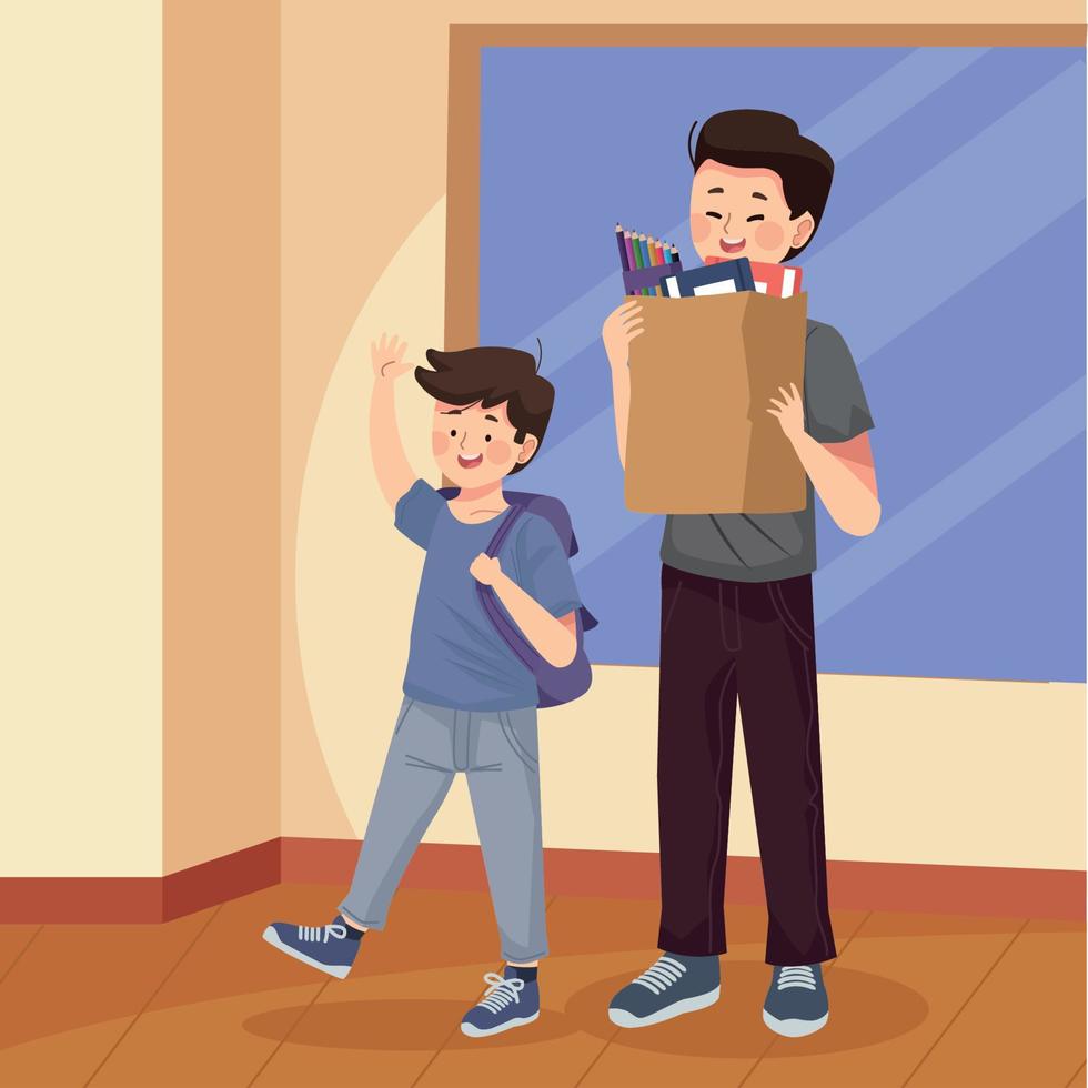 padre e hijo comprando útiles escolares vector