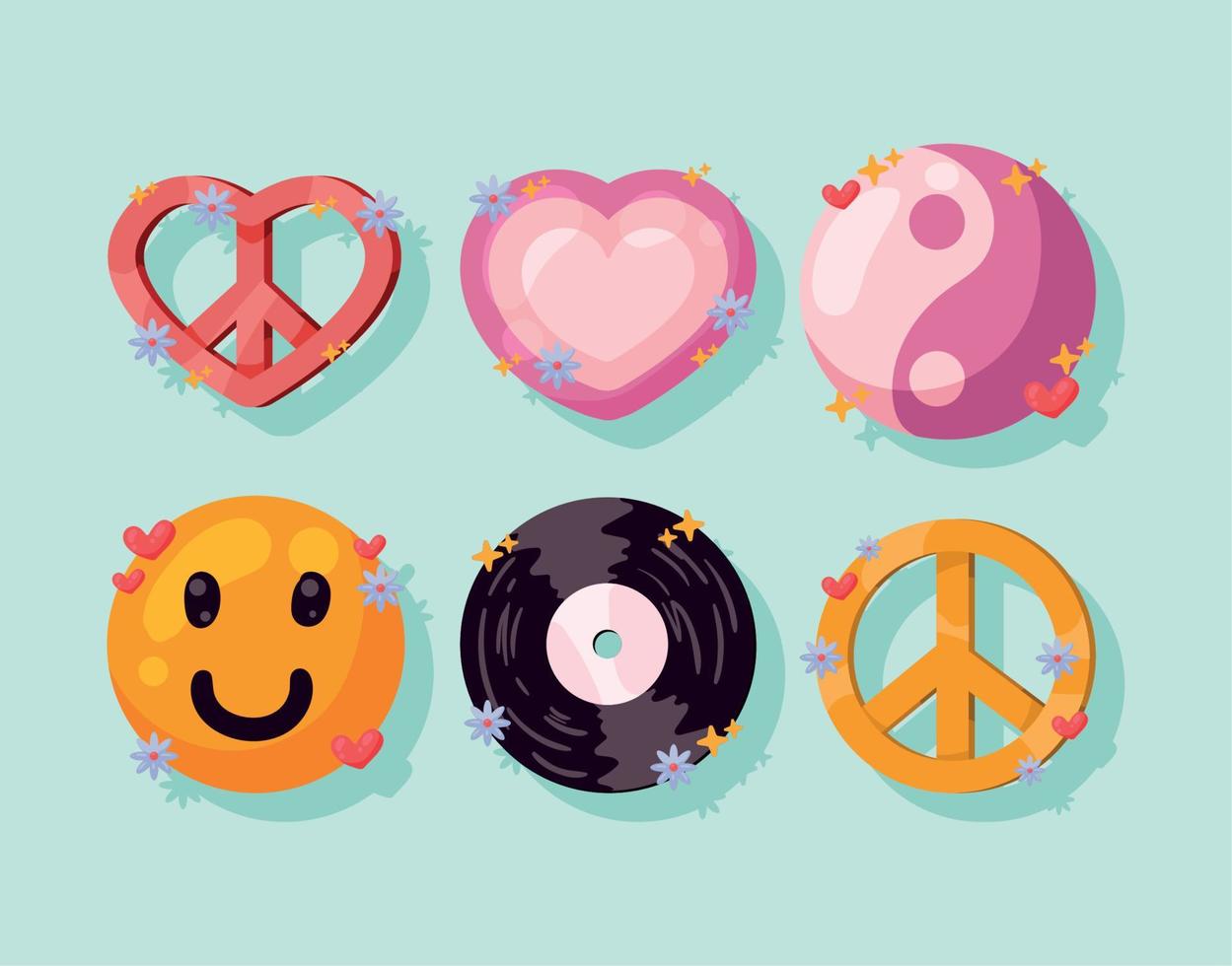 six hippie culture icons vector