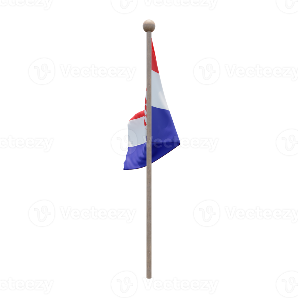 Croatia 3d illustration flag on pole. Wood flagpole png