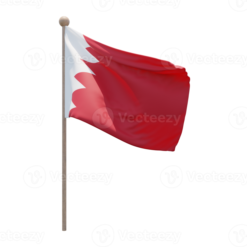 Bahrain 3d illustration flag on pole. Wood flagpole png