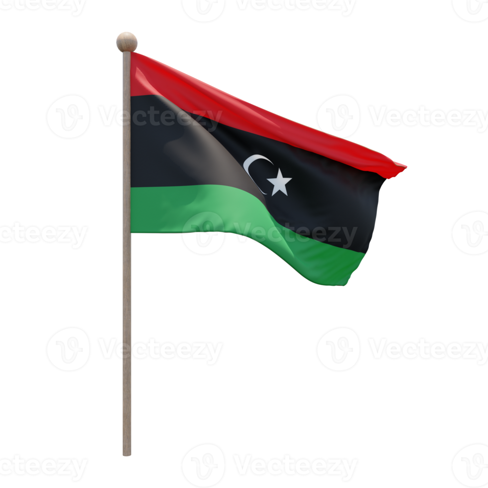 Libya 3d illustration flag on pole. Wood flagpole png