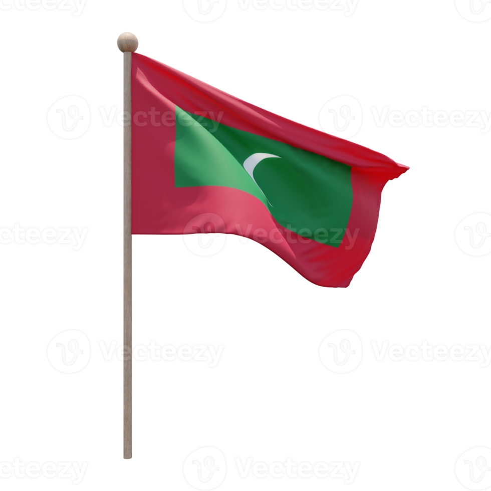 Maldives 3d illustration flag on pole. Wood flagpole png