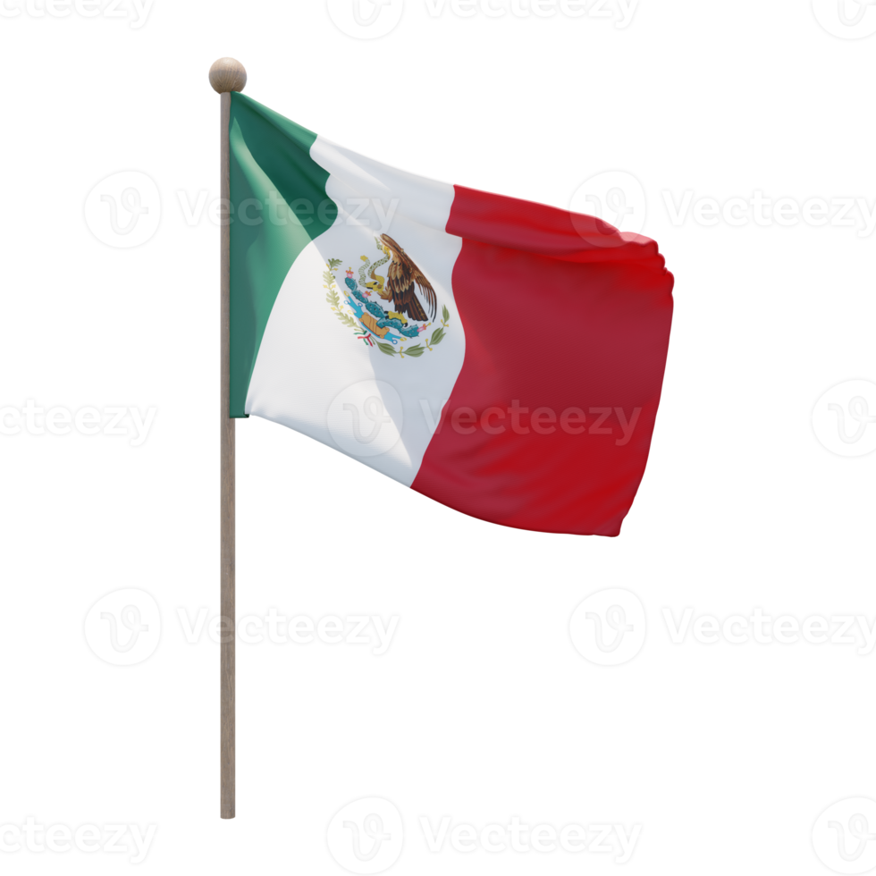 Mexico 3d illustration flag on pole. Wood flagpole png