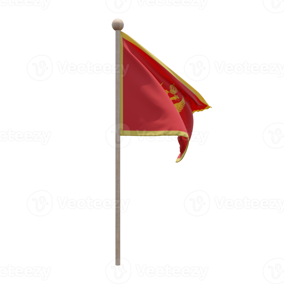 Montenegro 3d illustration flag on pole. Wood flagpole png