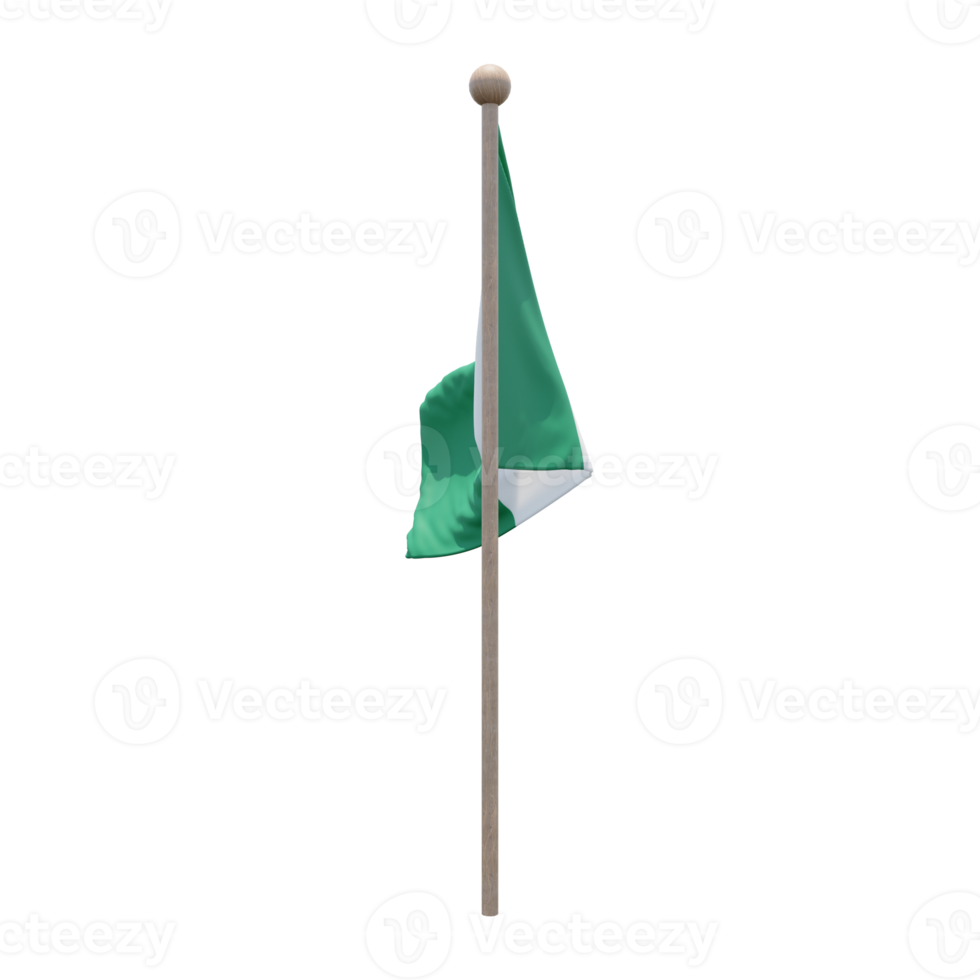 Nigeria 3d illustration flag on pole. Wood flagpole png