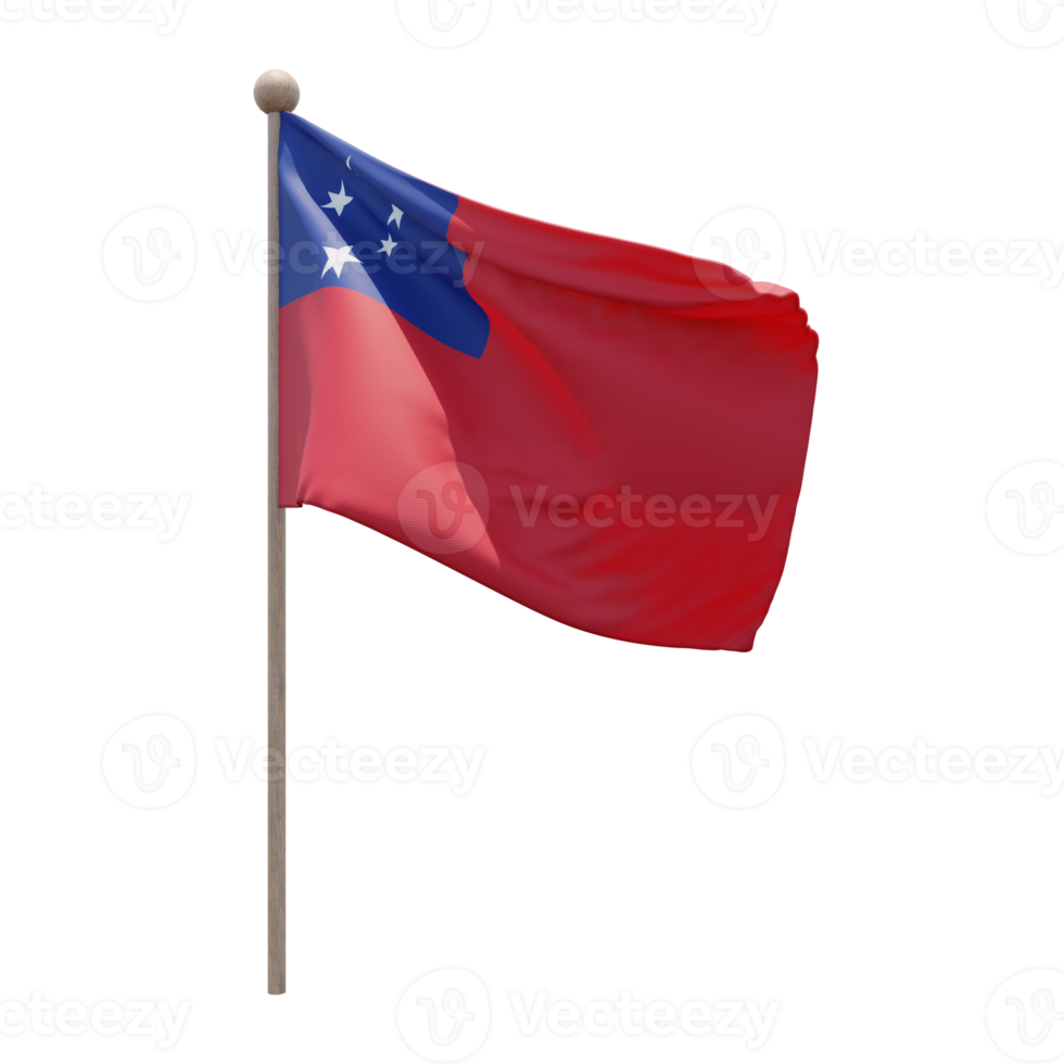 Samoa 3d illustration flag on pole. Wood flagpole png
