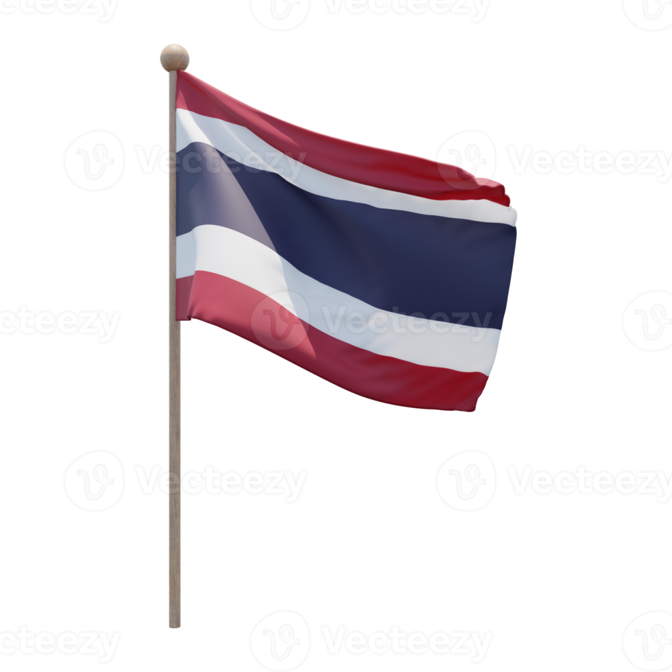 Thailand 3d illustration flag on pole. Wood flagpole png