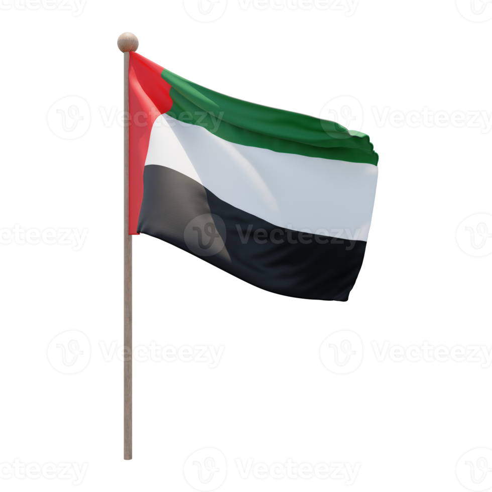 United Arab Emirates 3d illustration flag on pole. Wood flagpole png