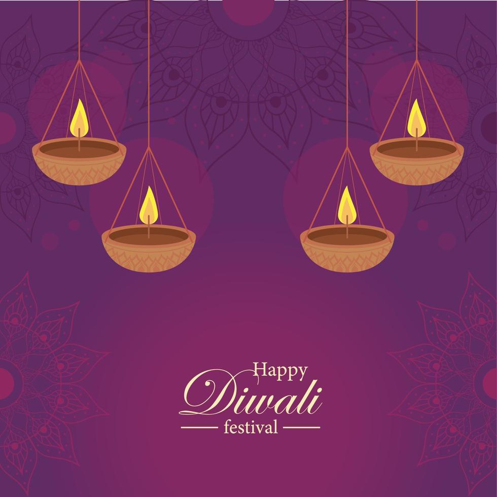 diwali lettering and lamps hanging vector