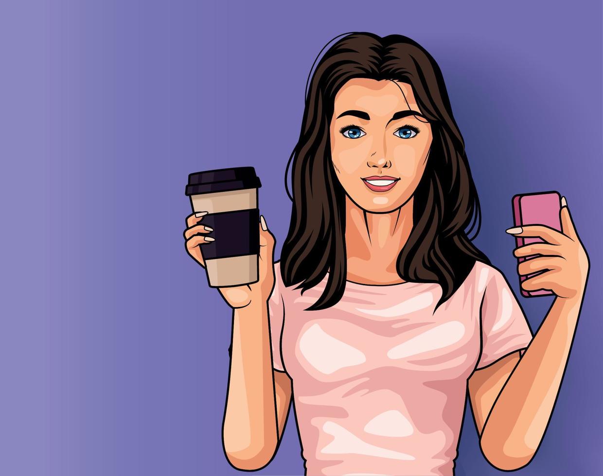 mujer con escena de café y teléfono inteligente vector