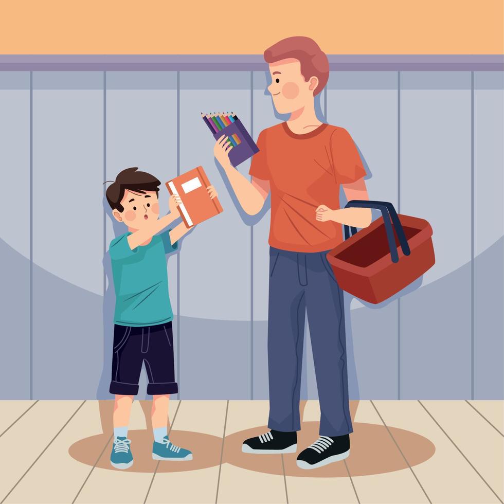 niño y papá comprando útiles escolares vector