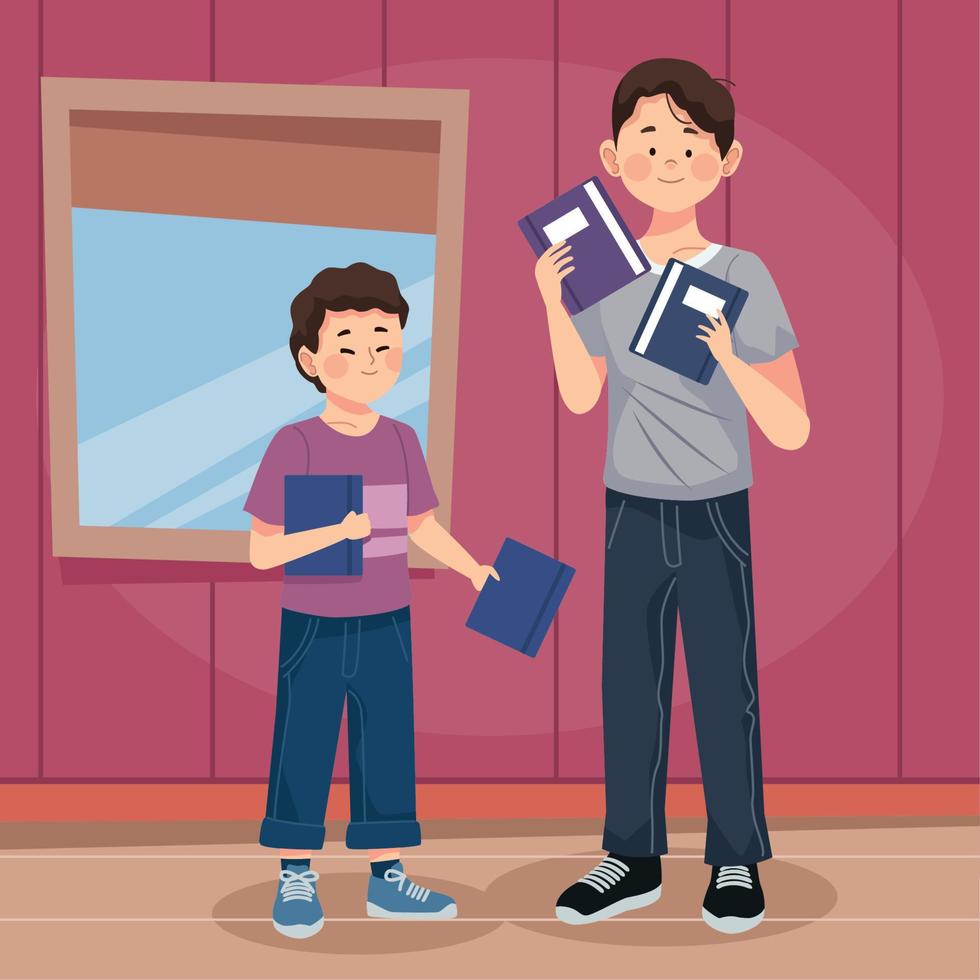 daddy and boy buying school supplies vector
