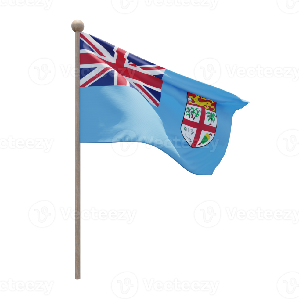 Fiji 3d illustration flag on pole. Wood flagpole png