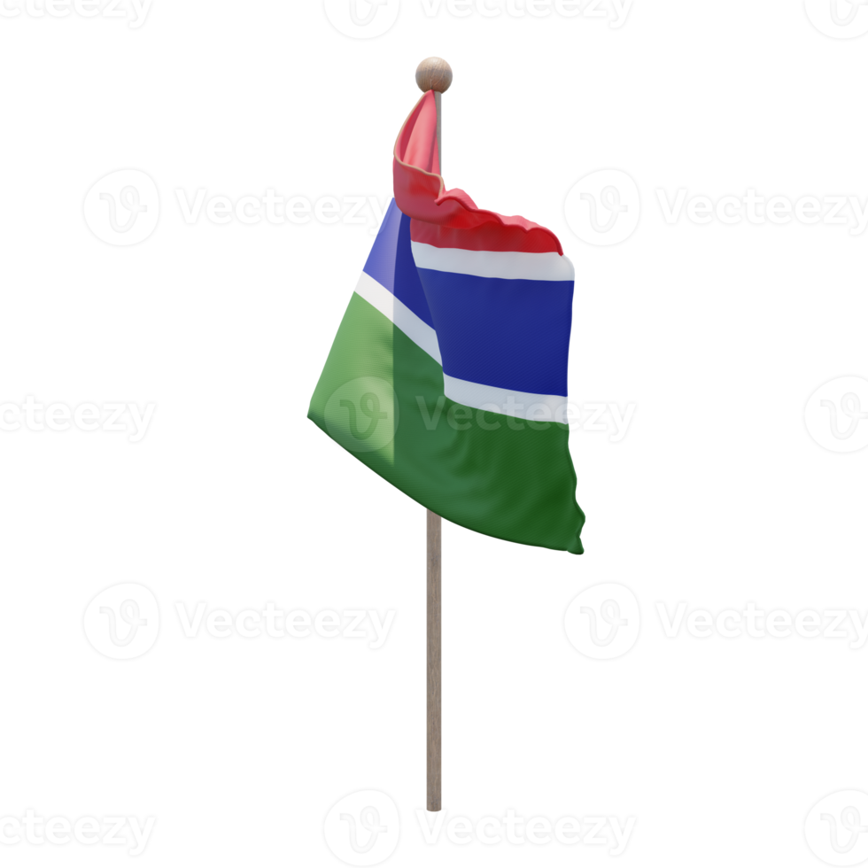 Gambia 3d illustration flag on pole. Wood flagpole png