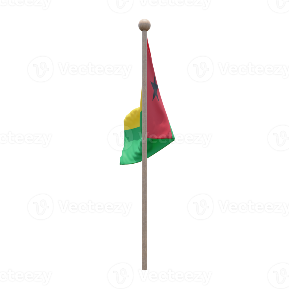 Guinea Bissau 3d illustration flag on pole. Wood flagpole png