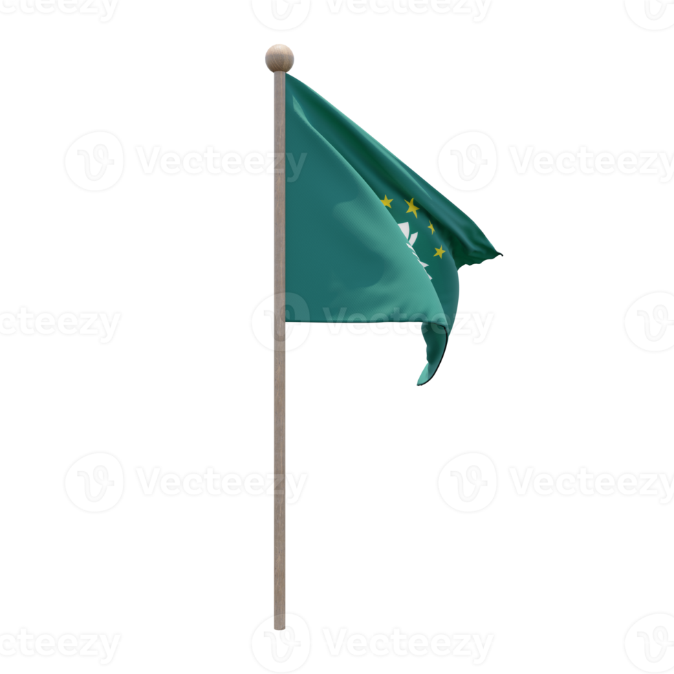 Macau 3d illustration flag on pole. Wood flagpole png