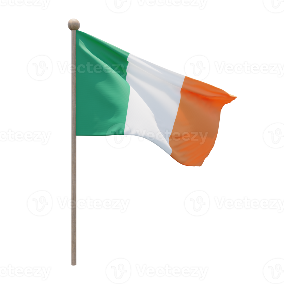 Irland 3D-Darstellung Flagge auf der Stange. Fahnenmast aus Holz png