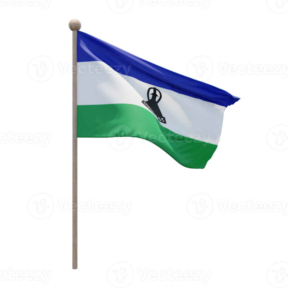 Lesotho 3d illustration flag on pole. Wood flagpole png