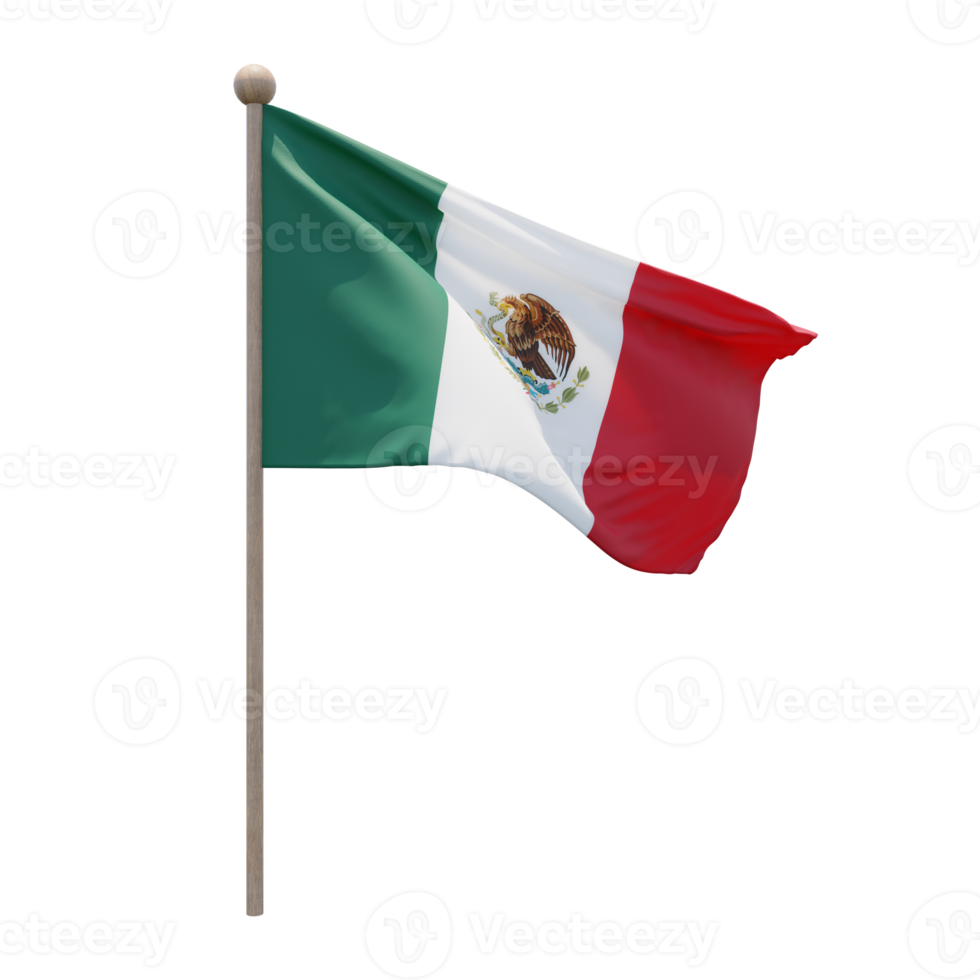 Mexico 3d illustration flag on pole. Wood flagpole png