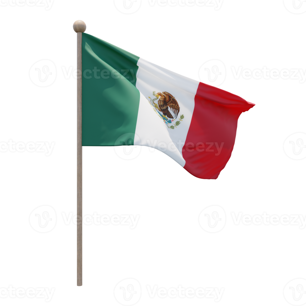 Mexico 3d illustration flag on pole. Wood flagpole png