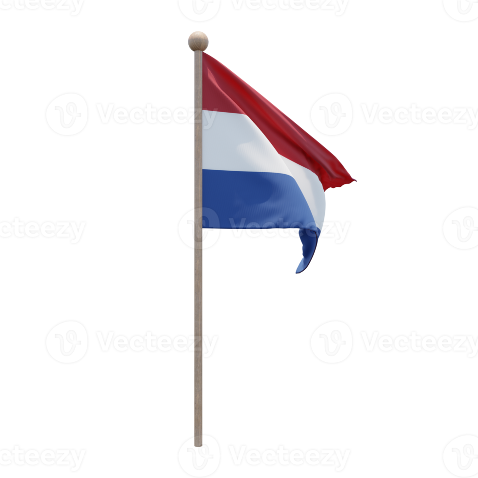 Netherlands 3d illustration flag on pole. Wood flagpole png