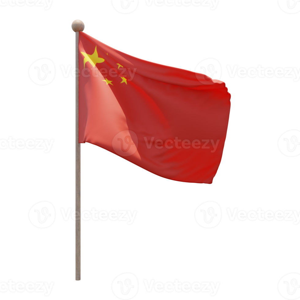 Volksrepublik China 3D-Darstellung Flagge auf der Stange. Fahnenmast aus Holz png
