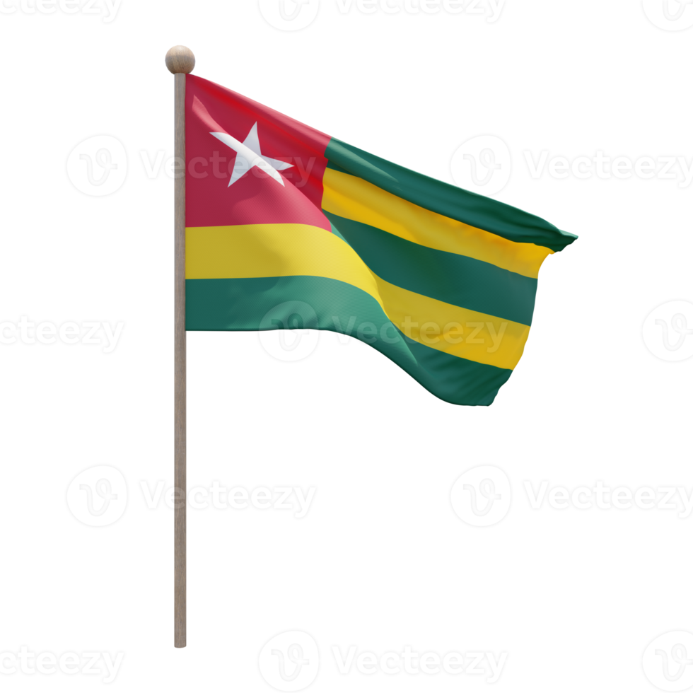 Togo 3d illustration flag on pole. Wood flagpole png