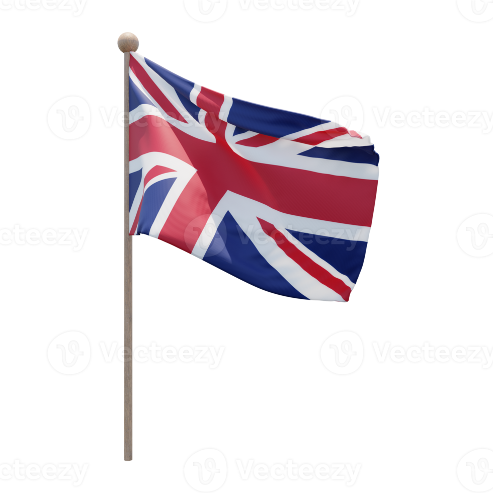 United Kingdom 3d illustration flag on pole. Wood flagpole png