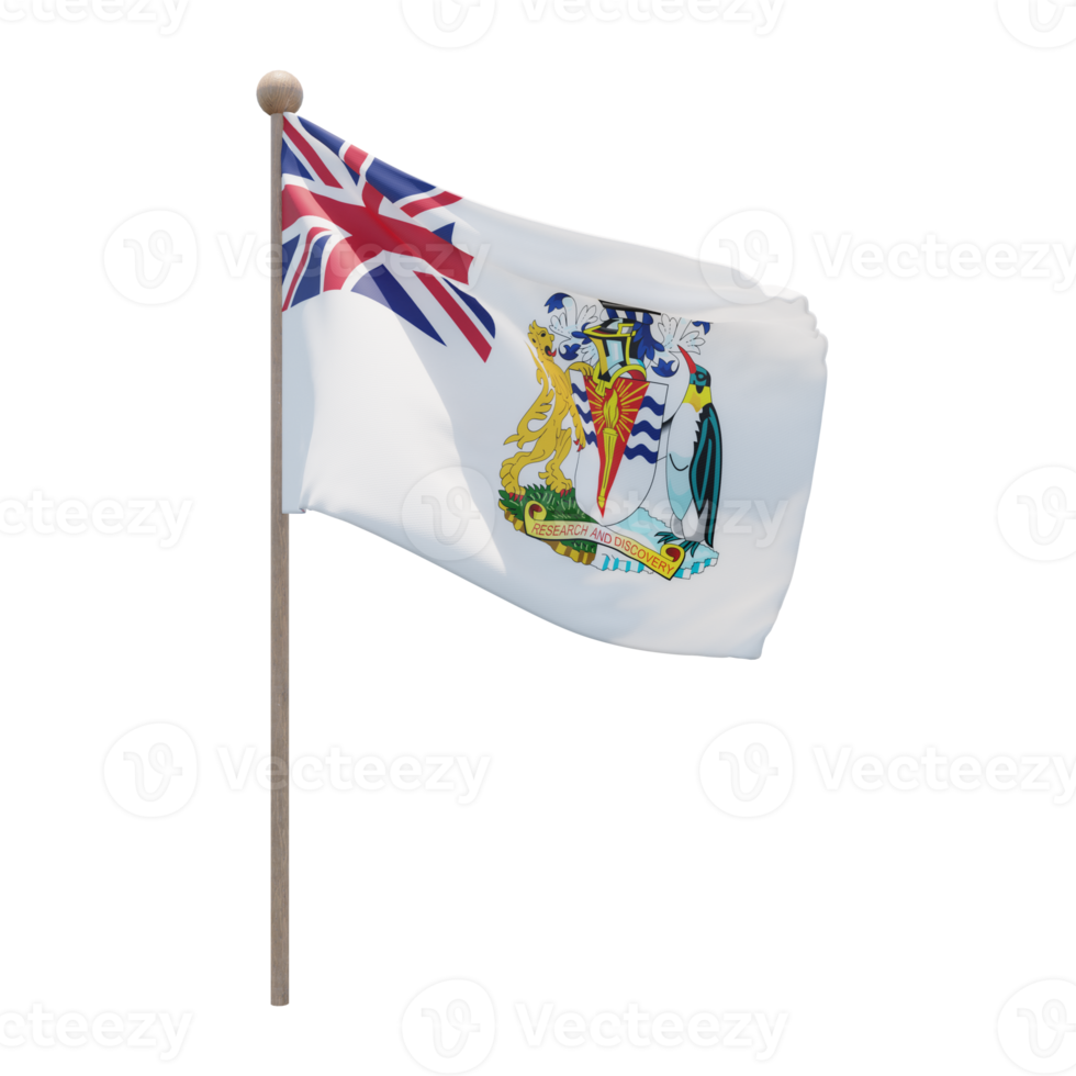 British Antarctic Territory 3d illustration flag on pole. Wood flagpole png