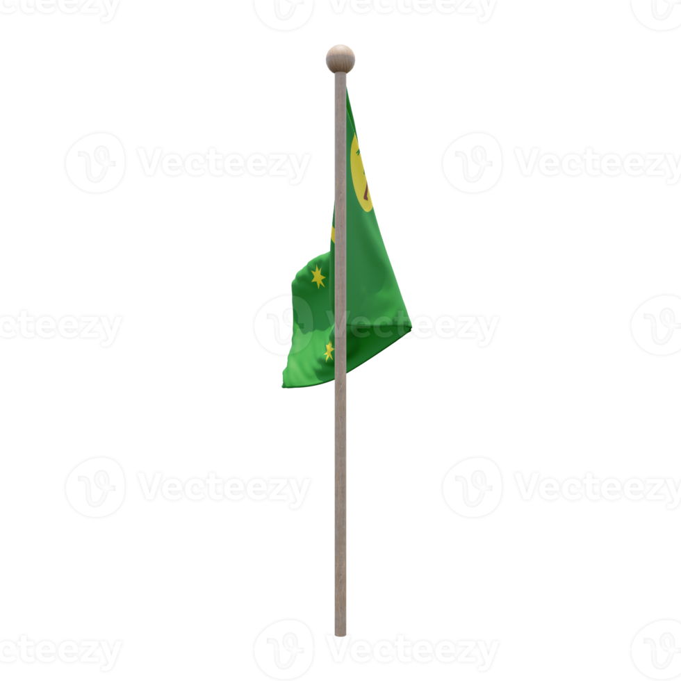 Cocos Keeling Islands 3d illustration flag on pole. Wood flagpole png