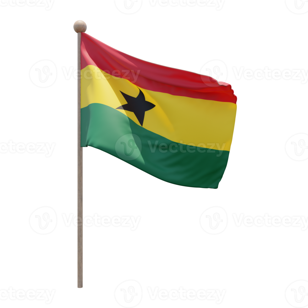 Ghana 3d illustration flag on pole. Wood flagpole png