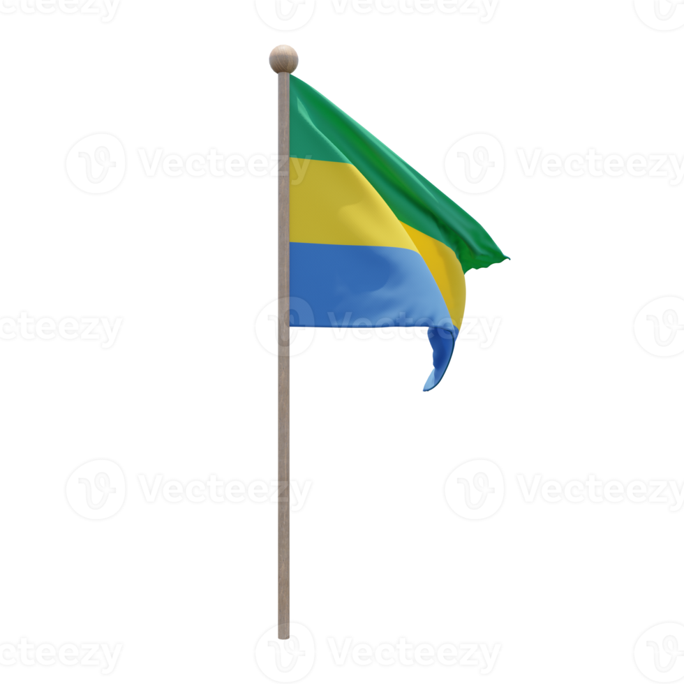 Gabon 3d illustration flag on pole. Wood flagpole png