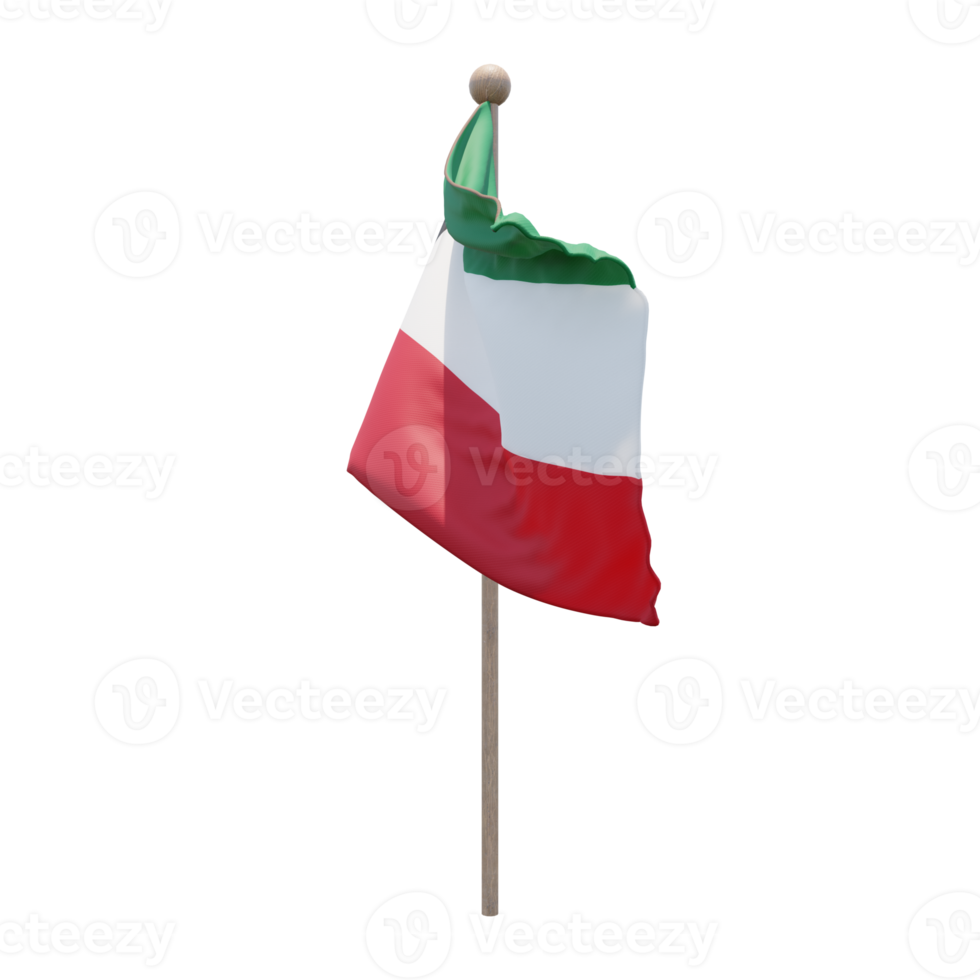 Kuwait 3d illustration flag on pole. Wood flagpole png