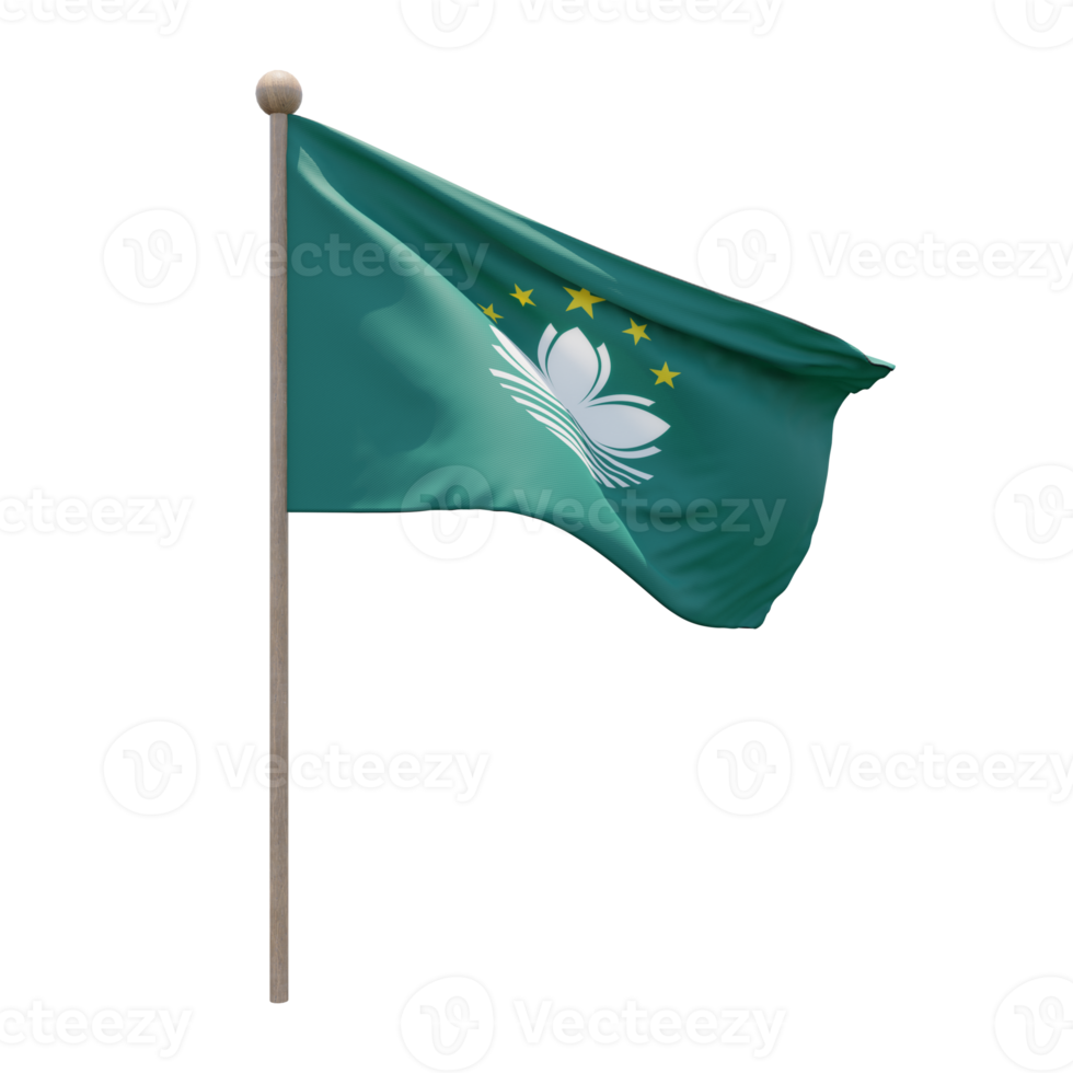 Macau 3d illustration flag on pole. Wood flagpole png