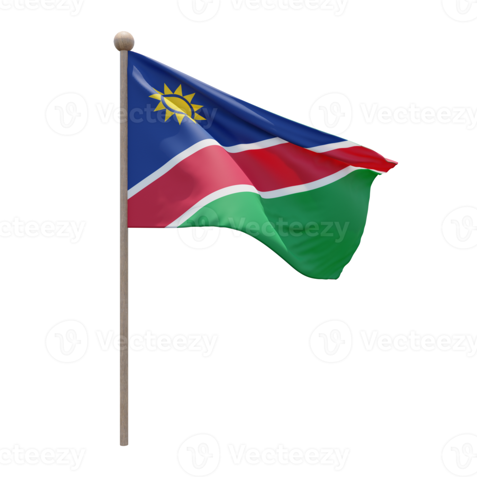 Namibia 3d illustration flag on pole. Wood flagpole png