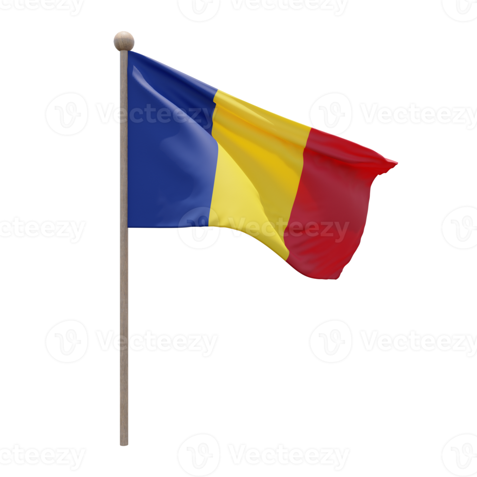 Romania 3d illustration flag on pole. Wood flagpole png