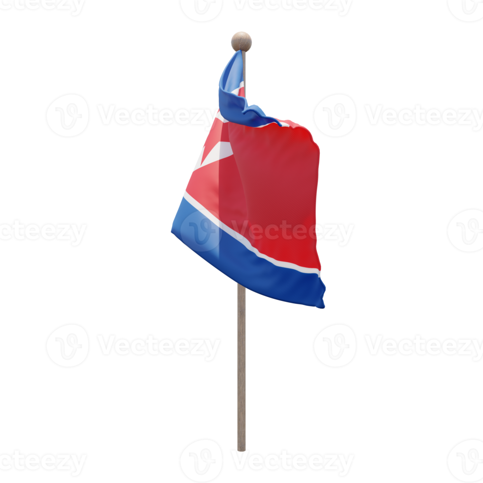 North Korea 3d illustration flag on pole. Wood flagpole png