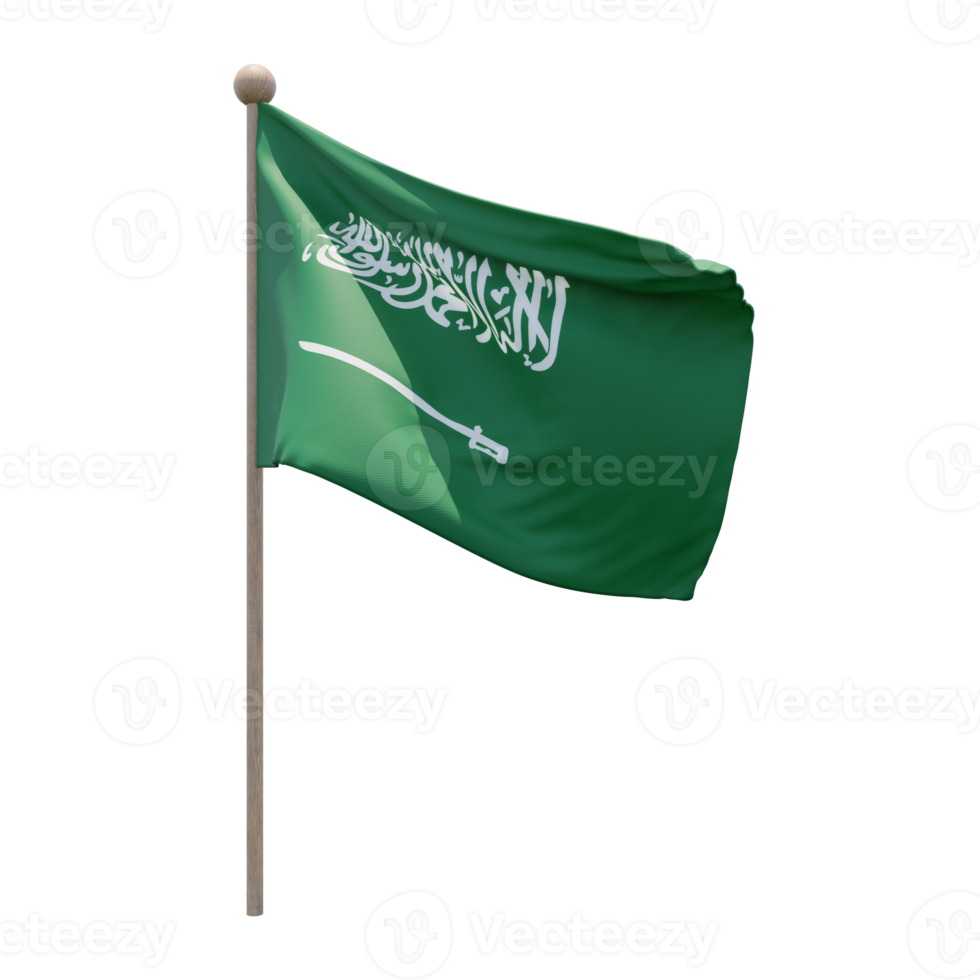 bandera de ilustración 3d de arabia saudita en el poste. asta de bandera de madera png