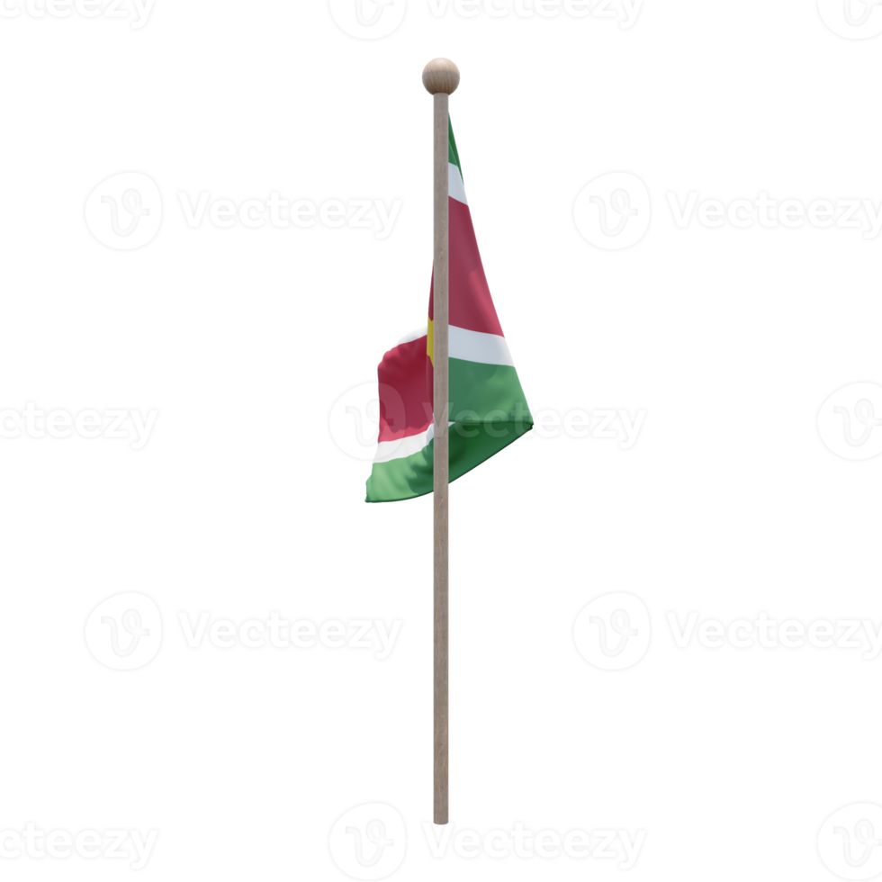 Suriname 3d illustration flag on pole. Wood flagpole png