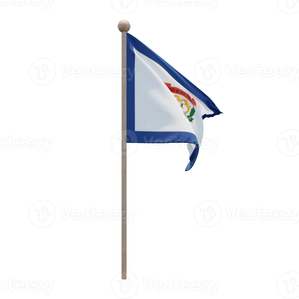 West Virginia 3d illustration flag on pole. Wood flagpole png