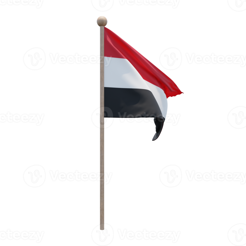 Jemen 3D-Darstellung Flagge auf der Stange. Fahnenmast aus Holz png