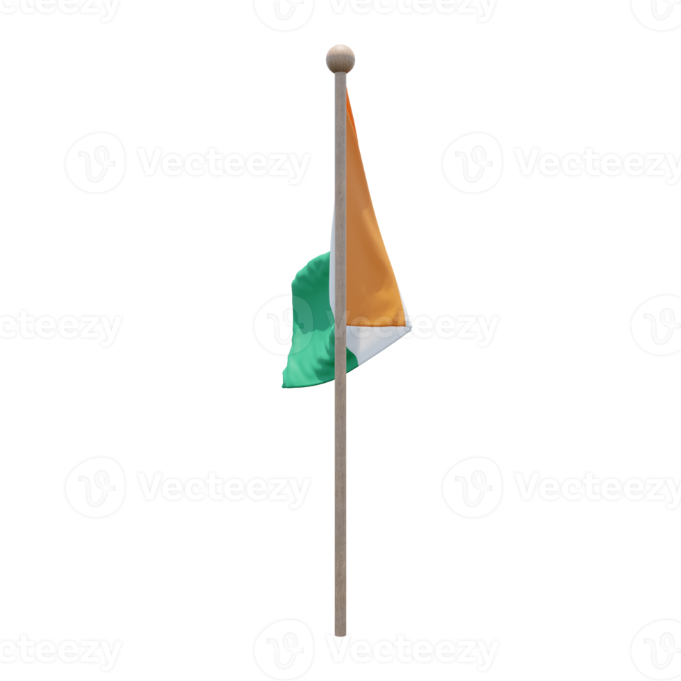 Ivory Coast 3d illustration flag on pole. Wood flagpole png