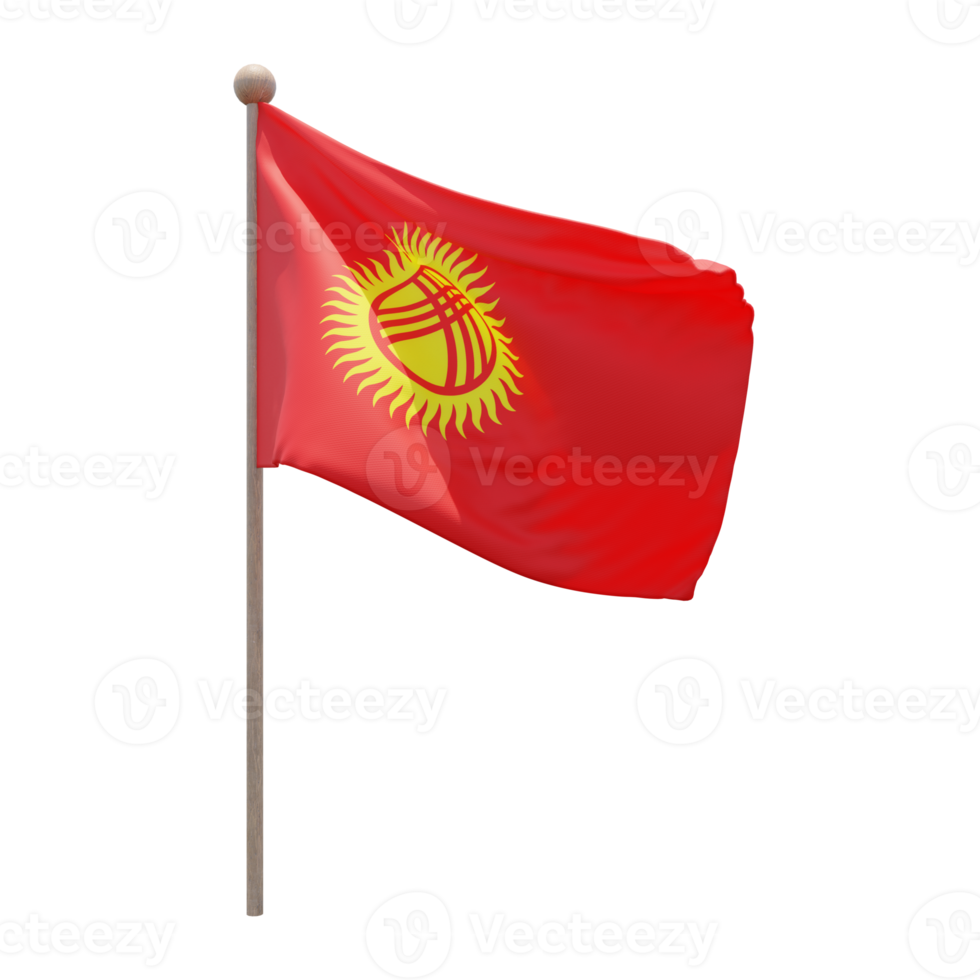 Kyrgyzstan 3d illustration flag on pole. Wood flagpole png
