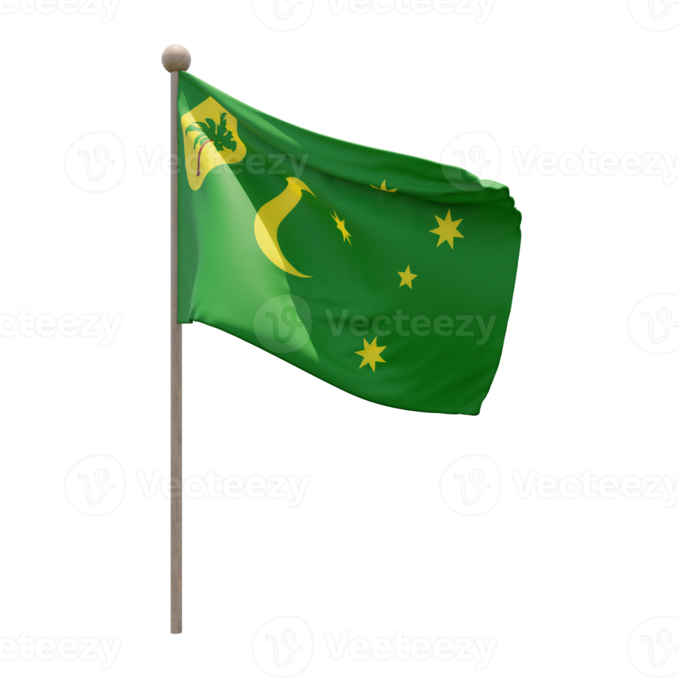 Cocos Keeling Islands 3d illustration flag on pole. Wood flagpole png