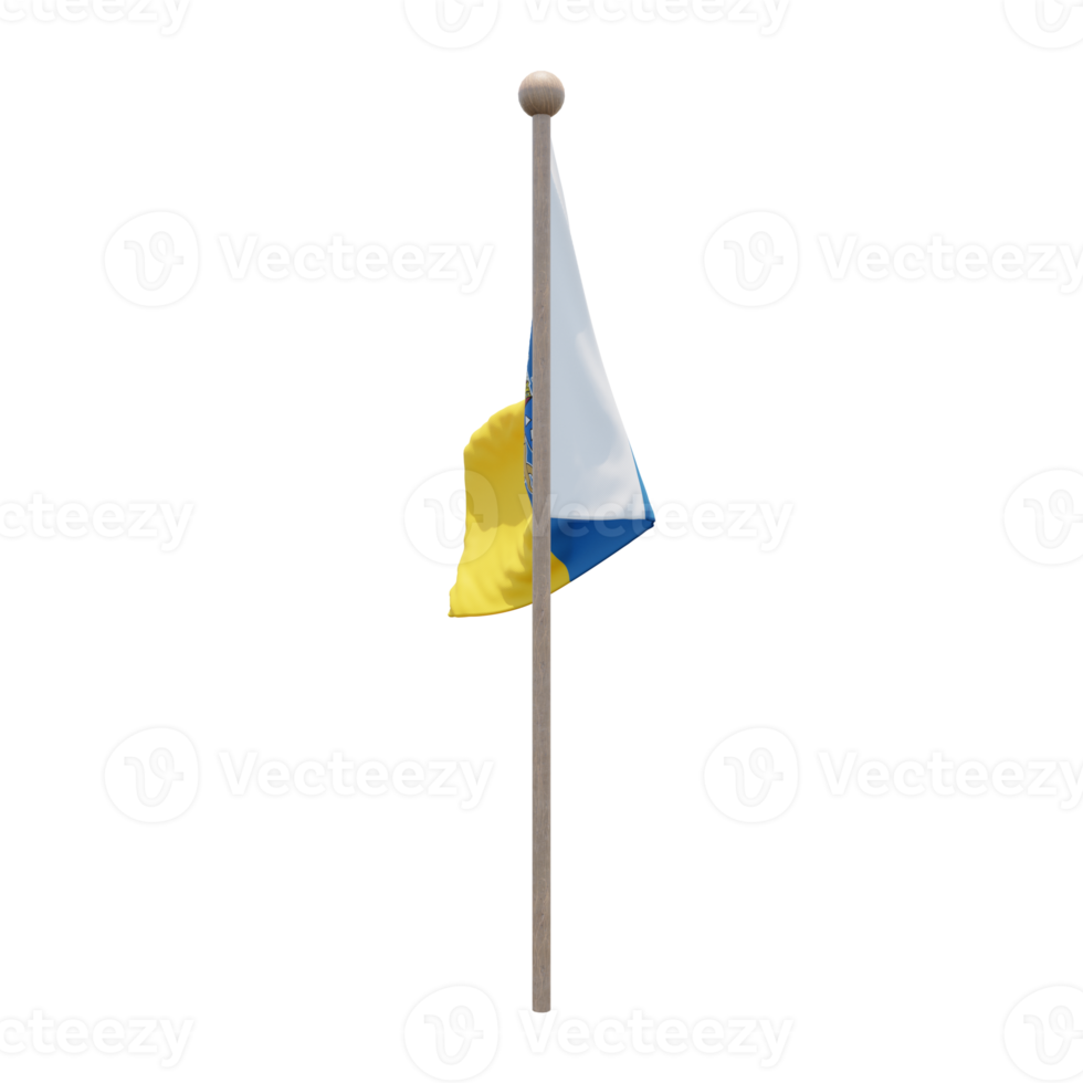 Canary Islands 3d illustration flag on pole. Wood flagpole png