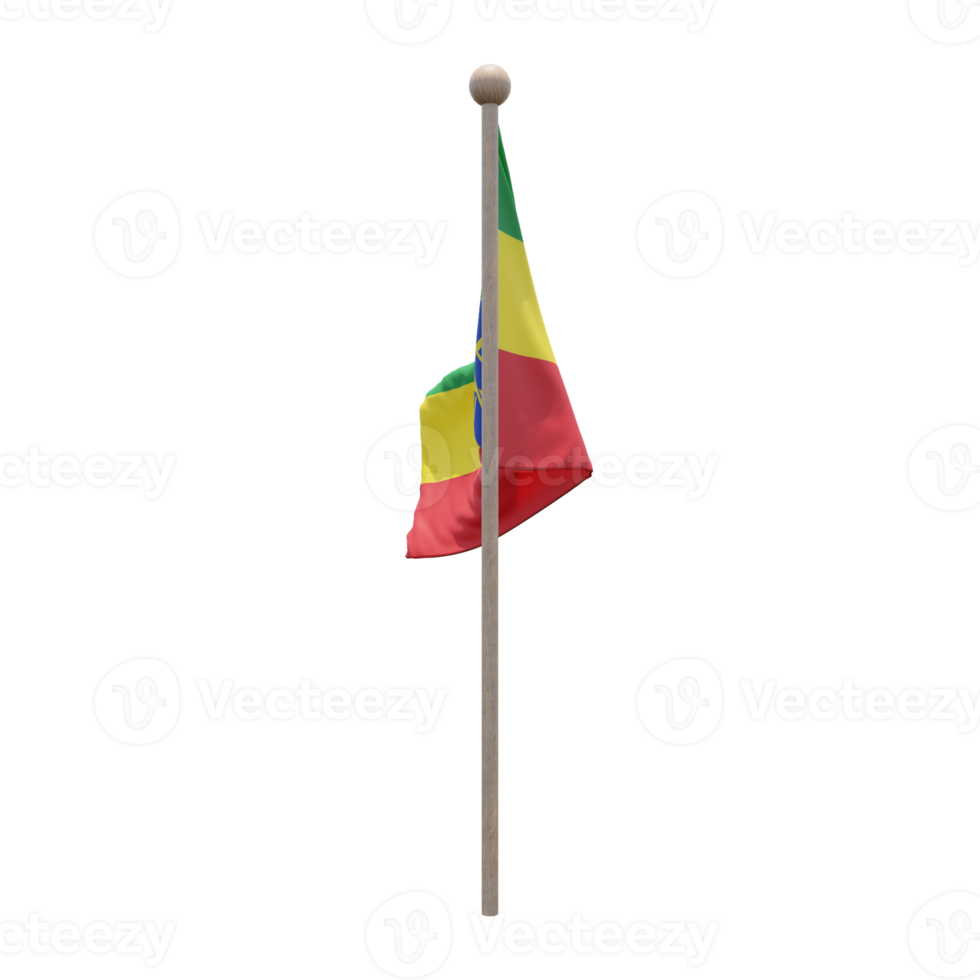 Ethiopia 3d illustration flag on pole. Wood flagpole png