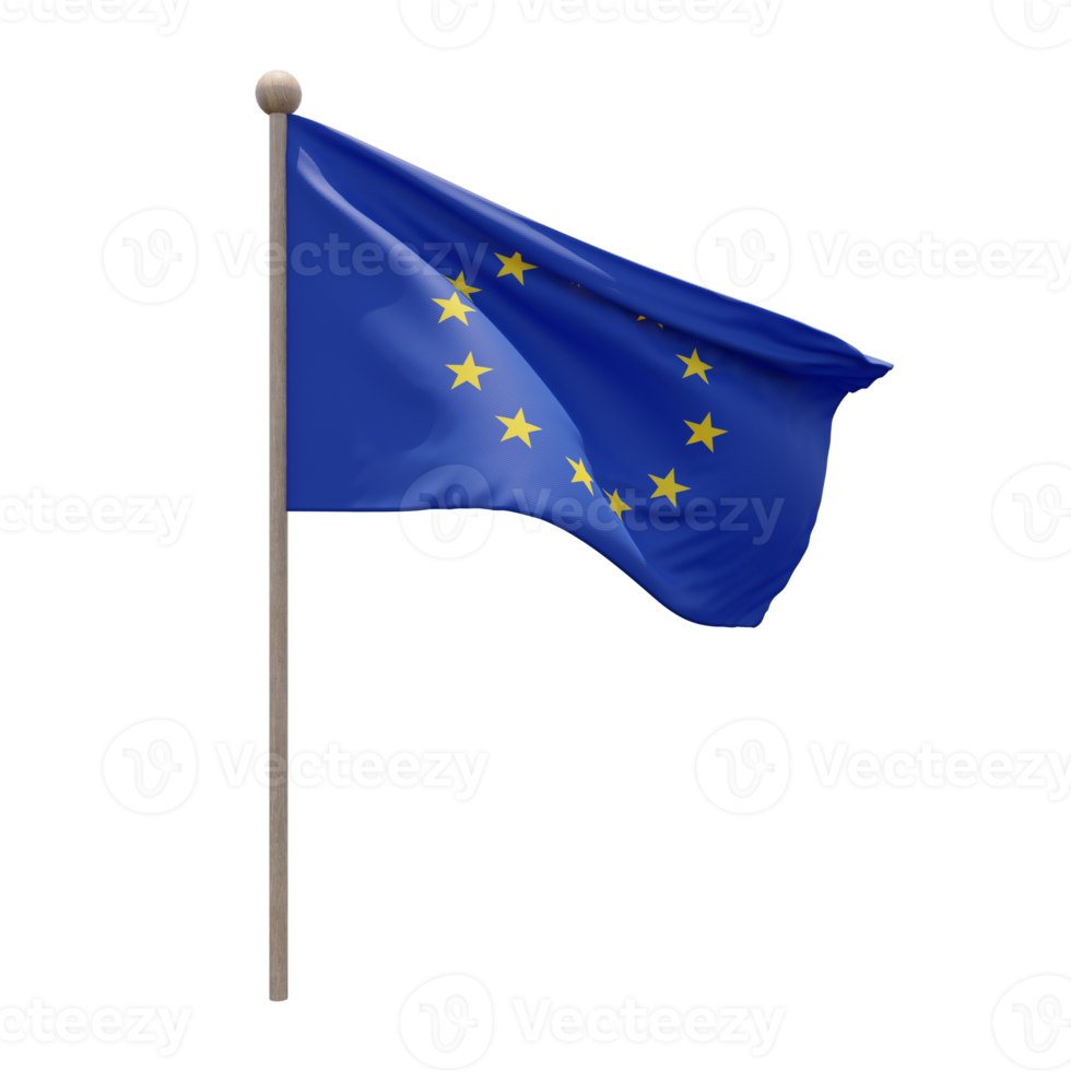 European Union 3d illustration flag on pole. Wood flagpole png