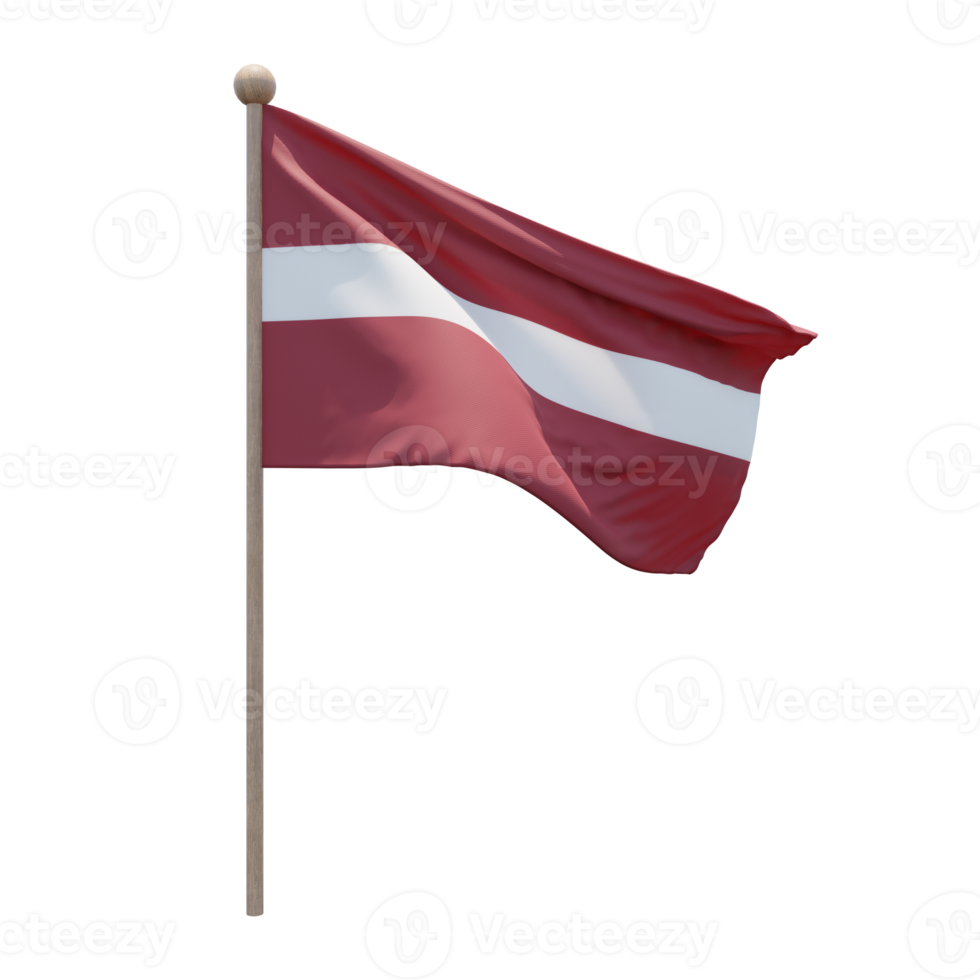 Lettland 3D-Darstellung Flagge auf der Stange. Fahnenmast aus Holz png